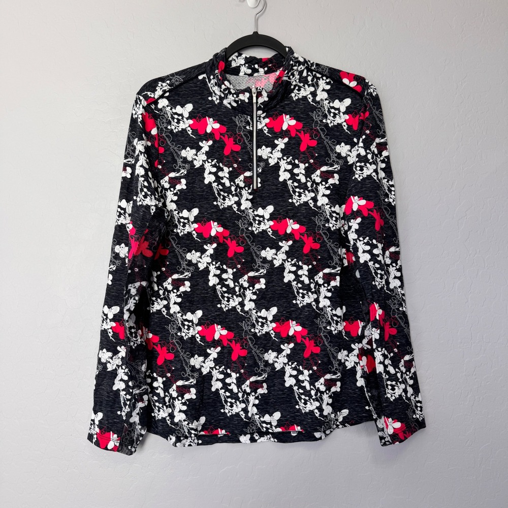NVO Sport XLarge Black Pink Floral Print Long Sleeve Quarter Zip Athletic Top